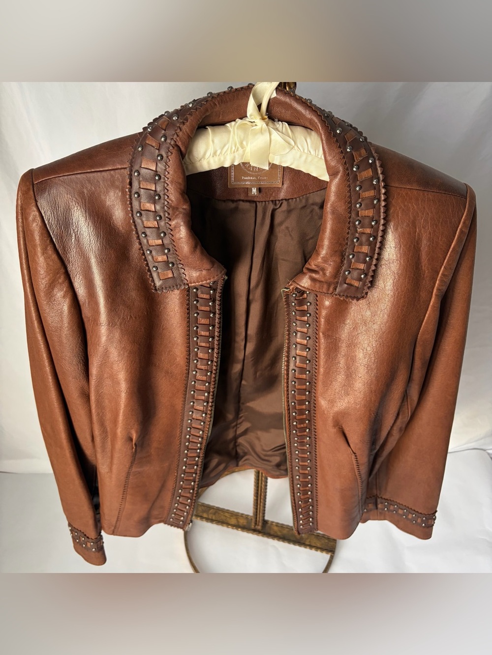 Double D Ranch Leather Jacket Studded Woven Lace Trim Western Brown M